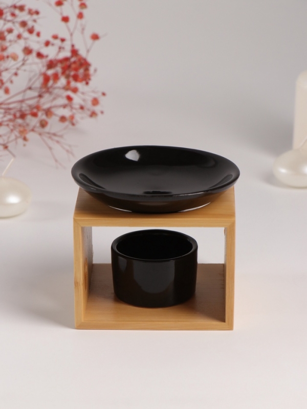 Аромалампа бамбук, керамика с подставкой под свечу "Строгие линии" чёрная 9,8х9,8х8 см