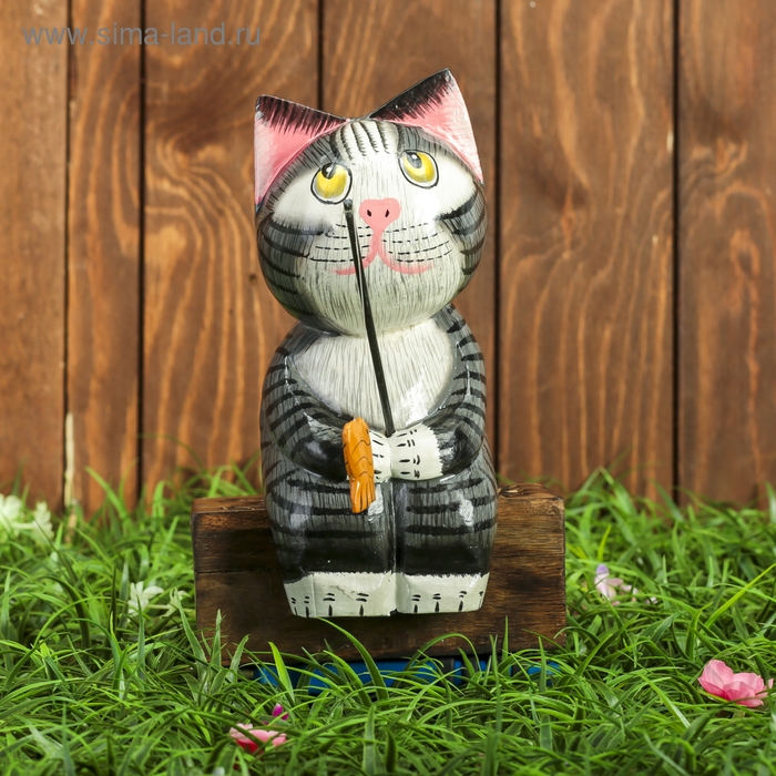 Сувенир дерево Сувенир дерево "Котёнок рыбак" серый 9х9х25 см