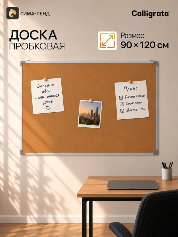 Доска пробковая, 90&times;120 см, в ПВХ рамке белого цвета, CALLIGRATA