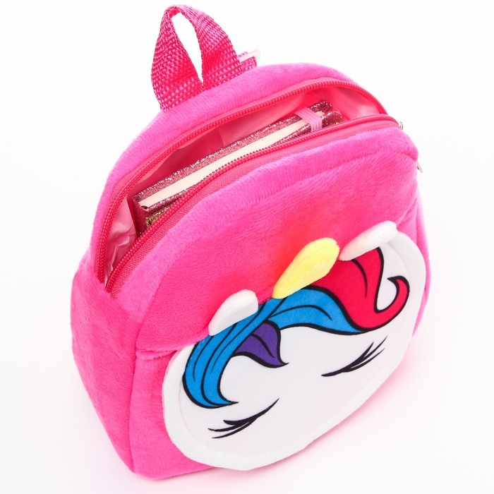 Рюкзак детский для девочки,плюшевый на молнии, с карманом, розовый, 19х22 см "Единорог", Минни Маус