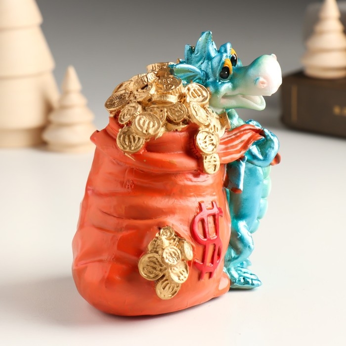 Копилка полистоун Копилка полистоун "Синий дракончик с мешком золотых монет" 10,2х7,2х10,6 см