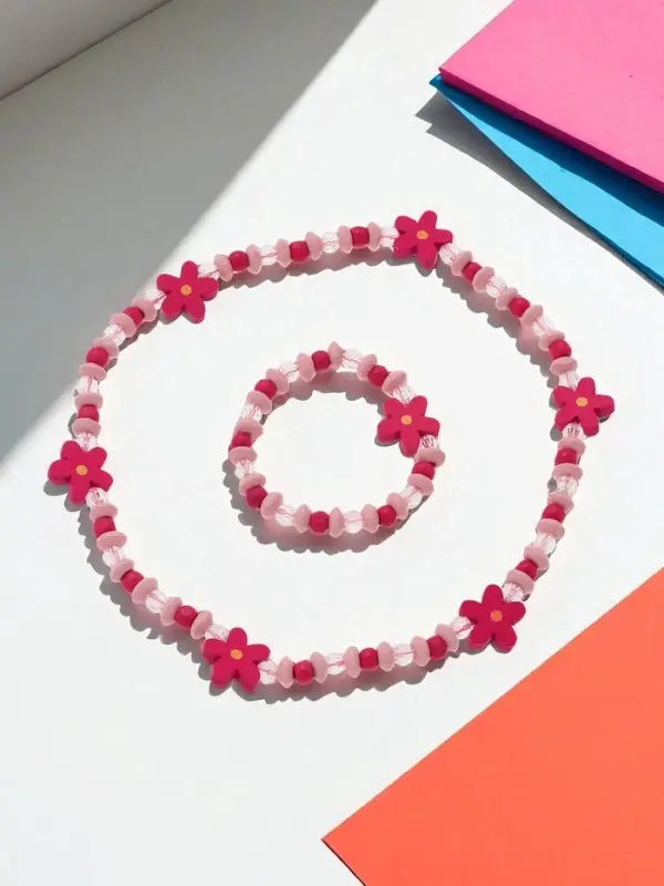Набор детских украшений Выбражулька &laquo;Цветочки&raquo;, 2 предмета: бусы, браслет d=6 см розовый