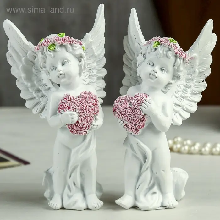Фигурка полистоун &laquo;Ангел в розовом венке с сердцем из роз&raquo;, 15&times;7.8&times;5.5 см, МИКС