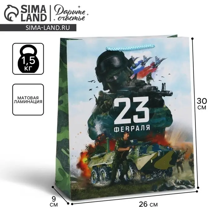 Пакет подарочный ламинированный, упаковка, &laquo;С 23 февраля&raquo;, M 26&times;30&times;9 см