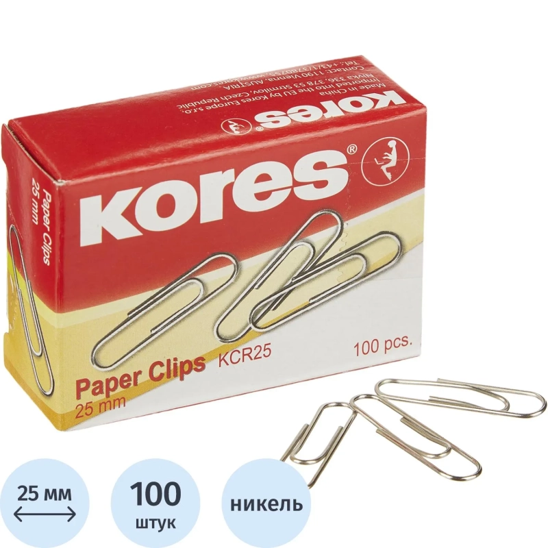 Скрепки KORES с отгибом,никелированные, 25 мм, негофрированные,100шт/уп