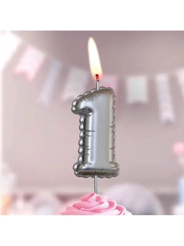 Свеча в торт на шпажке "Воздушая цифра", цифра "1", серебро