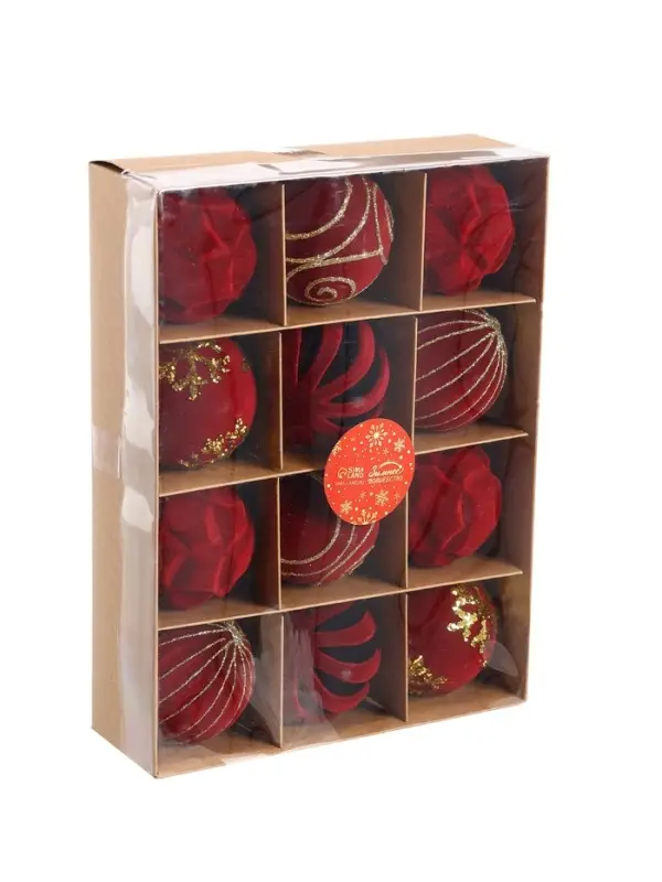 Набор шаров пластик d-6 см, 12 шт Набор шаров пластик d-6 см, 12 шт "Бархат. Время праздника" завитки снежинки, красный