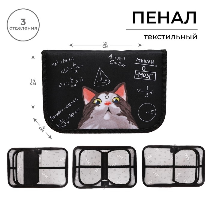 Пенал 3 секции, вкладка внутри, 140 х 210 х 40 мм, тканевый, Calligrata TOP Block Пенал 3 секции, вкладка внутри, 140 х 210 х 40 мм, тканевый, Calligrata TOP Block "Умный кот"