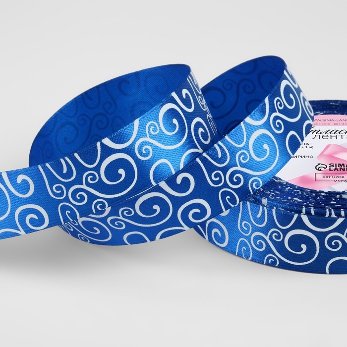 Лента атласная «Узор», 25 мм × 23 ± 1 м, цвет белый/синий №040 Лента атласная «Узор», 25 мм × 23 ± 1 м, цвет белый/синий №040
