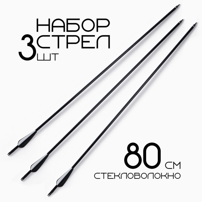 Набор стрел для лука 3 шт, стекловолокно, черная, оперение - черное, 80 см Набор стрел для лука 3 шт, стекловолокно, черная, оперение - черное, 80 см