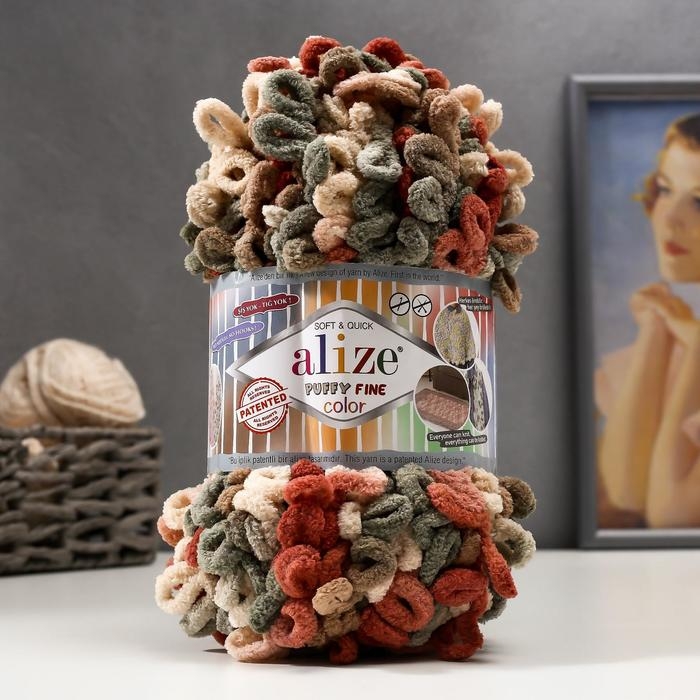 Пряжа Пряжа "Puffy Fine Color" 100% микрополиэстер 14,5м/100гр (6039 зелён-беж-керам.)