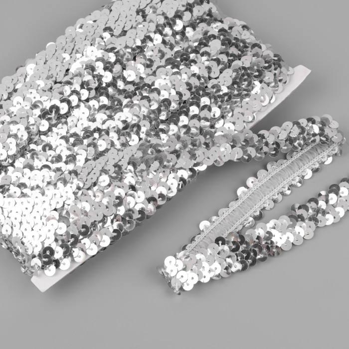 Тесьма декоративная с пайетками, на резинке, 2 см, 9 ± 0,5 м, цвет серебряный Тесьма декоративная с пайетками, на резинке, 2 см, 9 ± 0,5 м, цвет серебряный