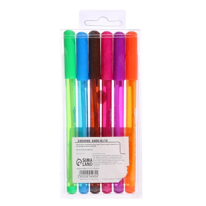 Набор ручек шариковых, 6 цветов, треугольный, тонированный корпус, в блистере на кнопке Набор ручек шариковых, 6 цветов, треугольный, тонированный корпус, в блистере на кнопке