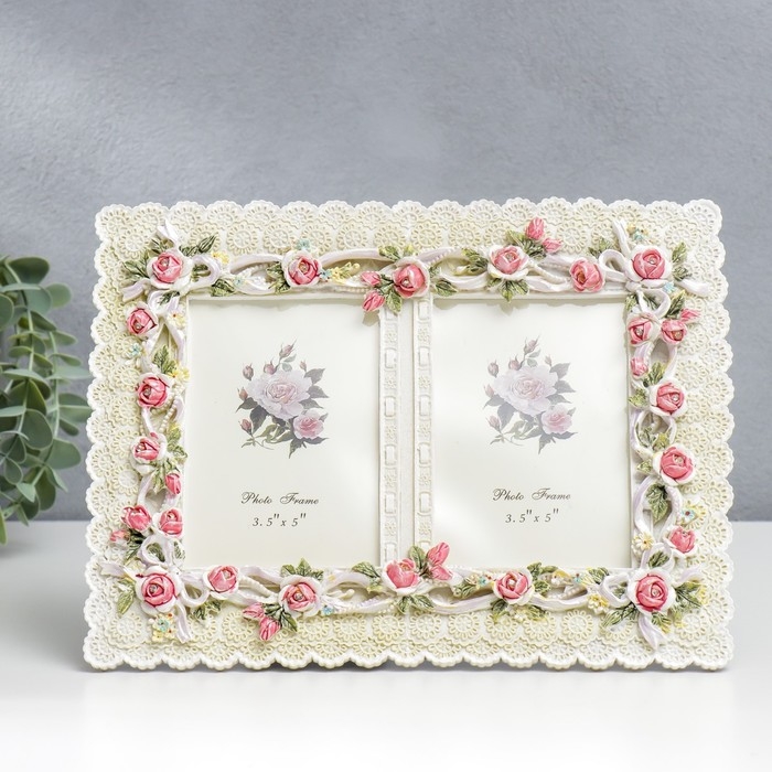 Фоторамка полистоун на 2 фото 9х13 см  Фоторамка полистоун на 2 фото 9х13 см "Розы и ленты" стразы 20,5х27 см