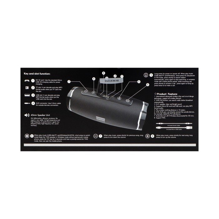 Портативная колонка Borofone BR3 Rich, 10 Вт, BT5.0, microSD, USB, 1200 мАч, чёрная Портативная колонка Borofone BR3 Rich, 10 Вт, BT5.0, microSD, USB, 1200 мАч, чёрная