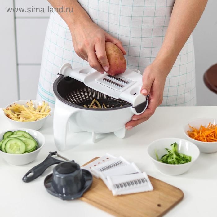 Многофункциональная овощерезка «Маджестик», со сливной корзиной, 22,3×13,5×22,5 см, цвет бело-серый Многофункциональная овощерезка «Маджестик», со сливной корзиной, 22,3×13,5×22,5 см, цвет бело-серый
