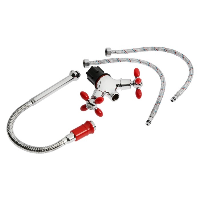 Смеситель для кухни ZEIN ZC2027, гибкий излив, кран-букса латунь 1/2 Смеситель для кухни ZEIN ZC2027, гибкий излив, кран-букса латунь 1/2", красный/хром