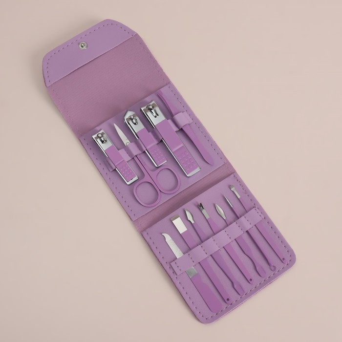 Набор маникюрный, 12 предметов, в футляре, цвет сиреневый Набор маникюрный, 12 предметов, в футляре, цвет сиреневый