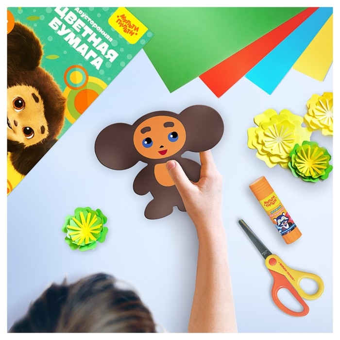 Цветная бумага двусторонняя А4, 16 цветов, 64 листа (32 листа мелованная + 32 листа офсетная), Мульти-Пульти Цветная бумага двусторонняя А4, 16 цветов, 64 листа (32 листа мелованная + 32 листа офсетная), Мульти-Пульти "Чебурашка", на склейке