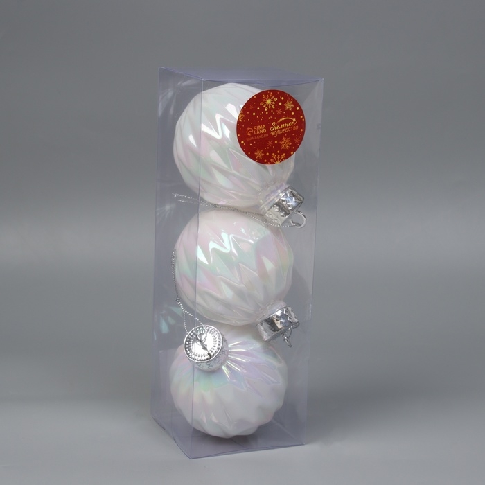 Набор шаров пластик d-8 см, 3 шт Набор шаров пластик d-8 см, 3 шт "Перелив" грани, белый перламутр