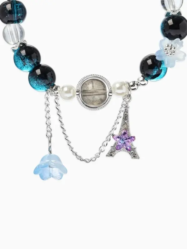 Браслет с подвесками &laquo;Сахарный. Башня с цветами&raquo;, d=6 см, шар №10/8, чёрный, синий в серебре
