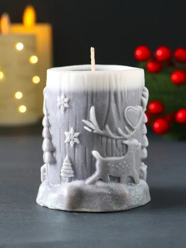 Свеча новогодняя столбик  Свеча новогодняя столбик "Сказочный лес" 75х82 мм, серый