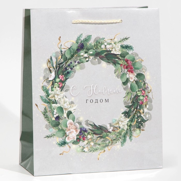 Пакет подарочный новогодний ламинированный «Новогодний венок», ML 21 х 25 х 8 см