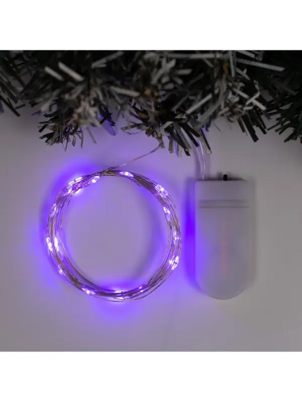 Гирлянда &laquo;Нить&raquo; 2 м роса, IP20, серебристая нить, 20 LED, батарейки CR2032&times;2 (в комплекте), свечение фиолетовое