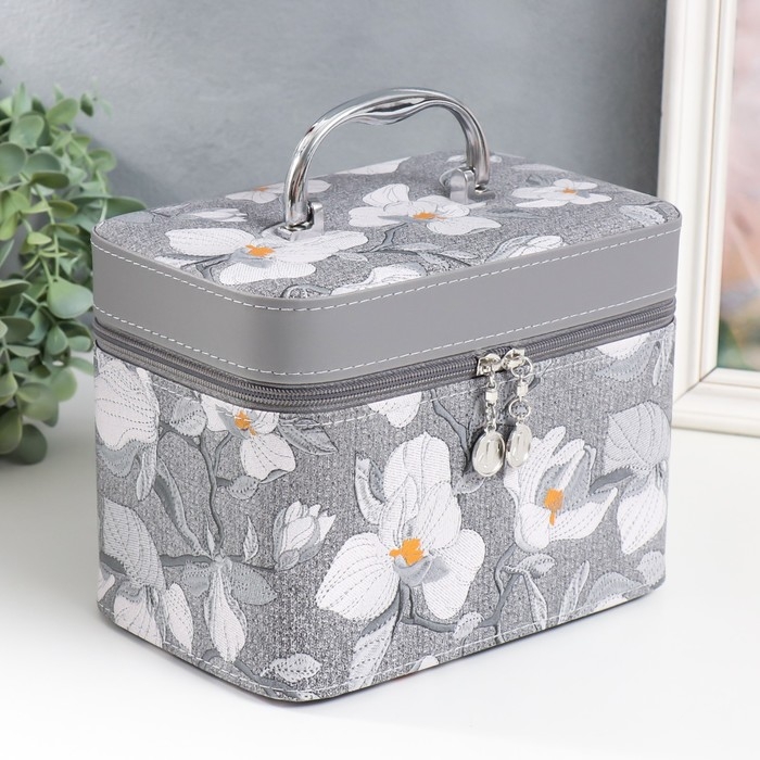 Шкатулка кожзам с зеркалом  Шкатулка кожзам с зеркалом "Цветы. Серый" набор 3 шт 18х10х12,5 21х13х15,5 23х15х18,5 см