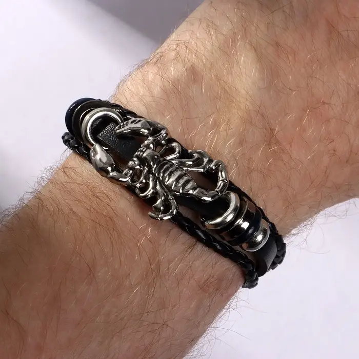 Браслет кожаный &laquo;Унисекс. Скорпион&raquo;, L=20 см, бусины микс, чернёный в серебре