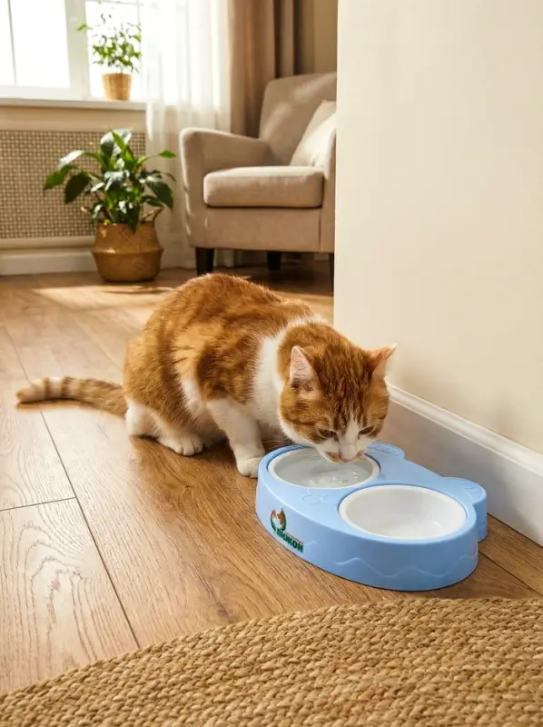 Миска пластиковая двойная "Киса" 2 х 160 мл, голубая