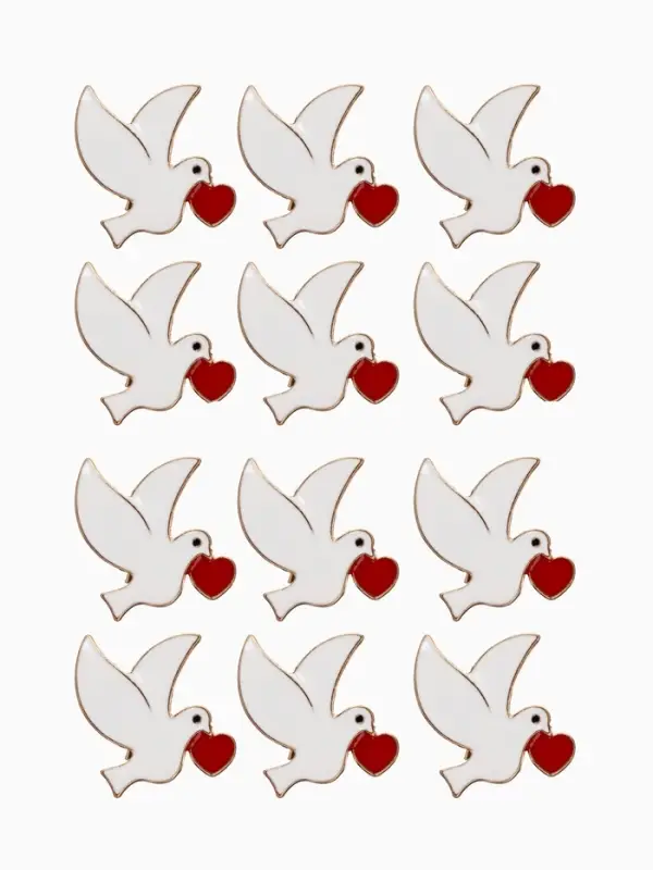 Брошь &laquo;Голуби&raquo;, с сердечками, бело-красная в золоте