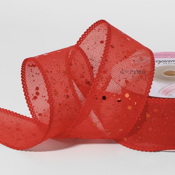 Лента декоративная, с глиттером, 38 мм, 9 ± 0,5 м, цвет красный Лента декоративная, с глиттером, 38 мм, 9 ± 0,5 м, цвет красный