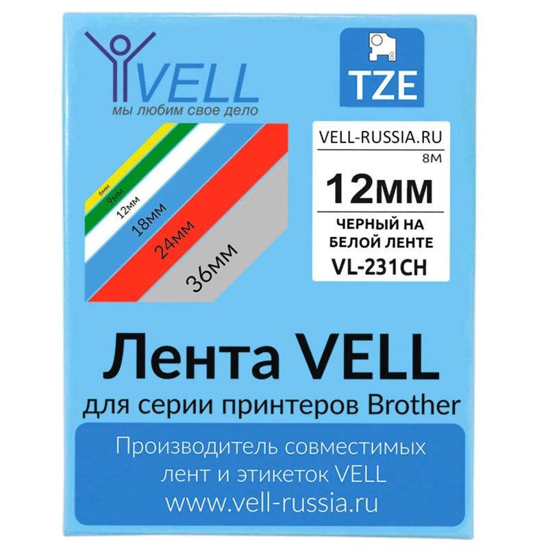 Картридж Vell VL-231CH(с чипом, 12 мм, черный на белом) PT-100E/100ECH/D200