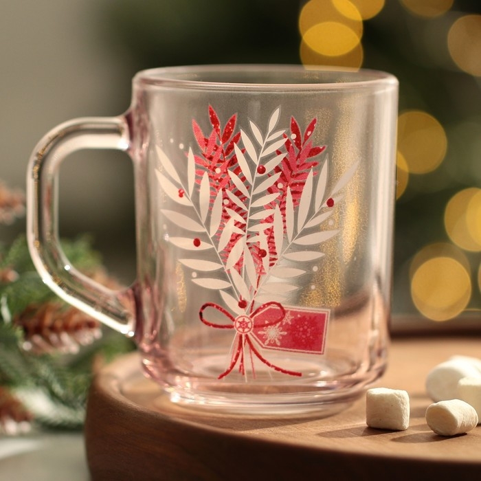 Кружка стеклянная новогодняя Дорого внимание «Веточки», 200 мл, розовая