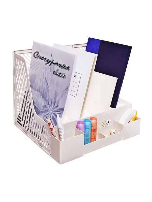 Лоток для бумаг Calligrata, А4, вертикальный, с отделениями для пишущих принадлежностей, 8 отделений, белый