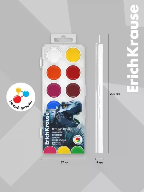 Акварельные краски 12 цветов ErichKrause Techno Dino, европодвес