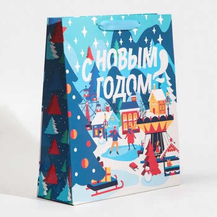 Пакет подарочный новогодний ламинированный «Зима в городе», M 26 х 30 х 9 см
