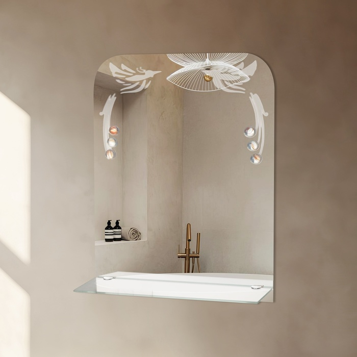 Зеркало «Райские птицы», с пескоструйной графикой и фьюзингом, настенное, с полочкой, 35×45 Зеркало «Райские птицы», с пескоструйной графикой и фьюзингом, настенное, с полочкой, 35×45