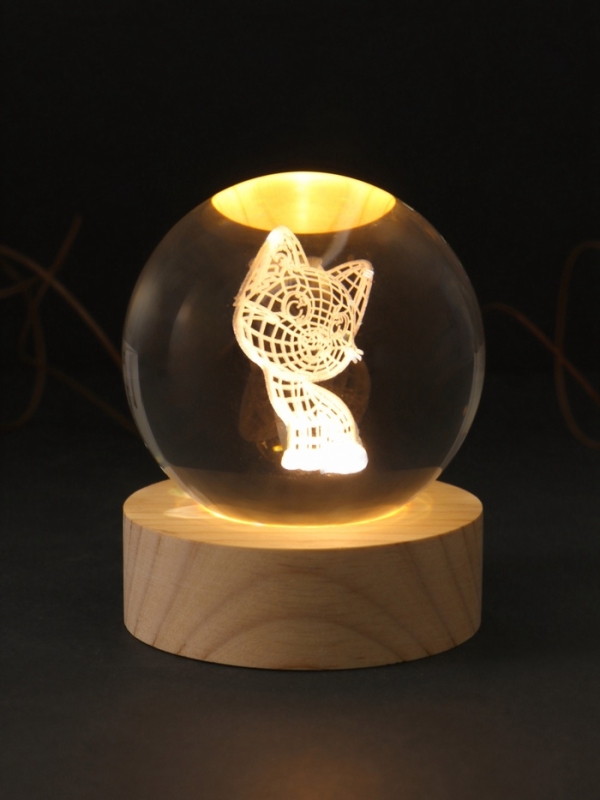 Сувенир стекло подсветка "Шар. Котёнок" d=6 см подставка дерево, USB