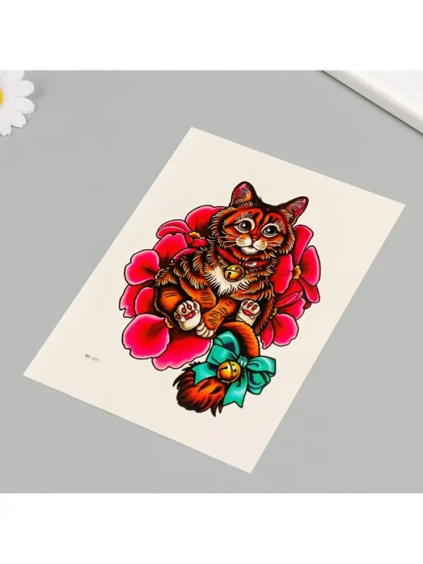 Переводная тату на тело цветная &laquo;Котик с бубенцом&raquo;, 26.1&times;14.6 см