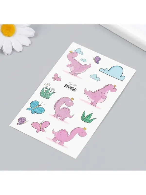 Переводные тату на тело цветные «Розовые динозаврики», блёстки, 12×7.5 см