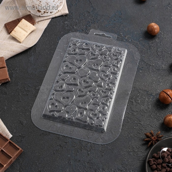 Форма для шоколада «Плитка в сердечках», пластик, прозрачная