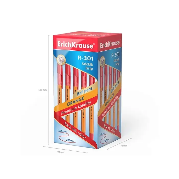 Ручка шариковая ErichKrause R-301 Orange Stick & Grip, узел 0.7 мм, чернила красные, резиновый держатель, длина линии письма 2000 метров