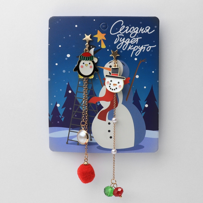 Новый год! Серьги «Новогодние» висячие, пингвин, цветные в золоте Новый год! Серьги «Новогодние» висячие, пингвин, цветные в золоте