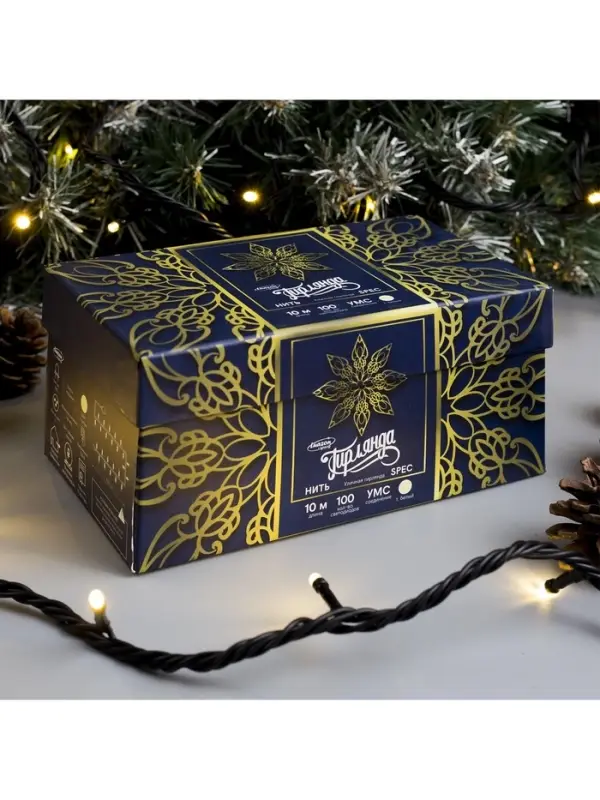 Гирлянда &laquo;Нить&raquo; 10 м, IP44, УМС, тёмная нить, 100 LED, свечение тёплое белое, мерцание белым, 220 В