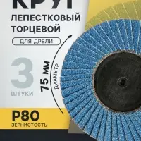 Круг лепестковый торцевой ТУНДРА, по нержавеющей стали, для дрели, М8, 75 мм, P80, 3 шт.