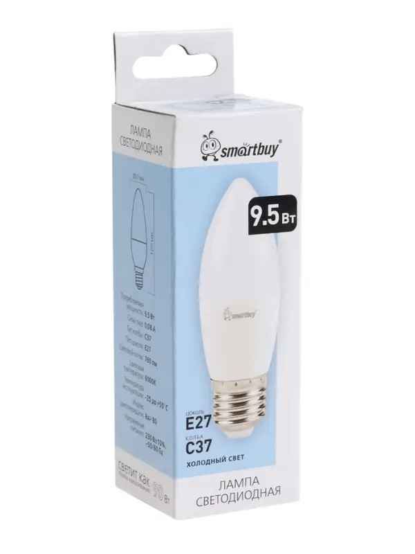 Лампа светодиодная Smartbuy, E27, C37, 9.5 Вт, 6000 К, холодный белый свет