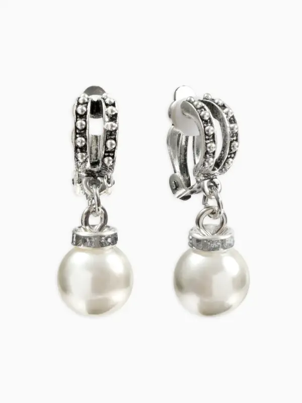 Серьги клипсы для ушей QF &laquo;Грейс&raquo;, две линии с бусинами, белые в чернёном серебре