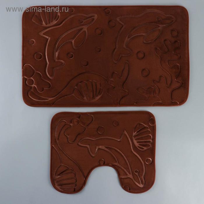 Набор ковриков для ванной и туалета Доляна «Дельфины», 2 шт: 40×50, 50×80 см, цвет МИКС